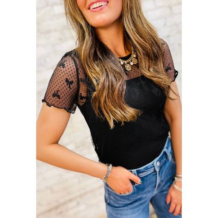 Black Bow Knot Dotted See-through Mesh Patched Slim Fit Blouse