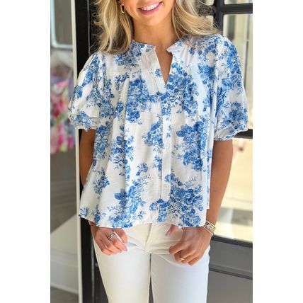 Sky Blue Floral Tiered Puff Short Sleeve Pleated Bust Buttoned Casual Shirt