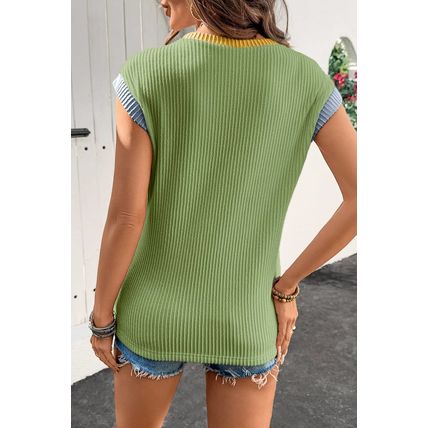 Grass Green Color Block Corded Knit Crew Neck Tee