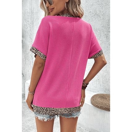 Bright Pink Leopard Patchwork Corded Texture V Neck T Shirt