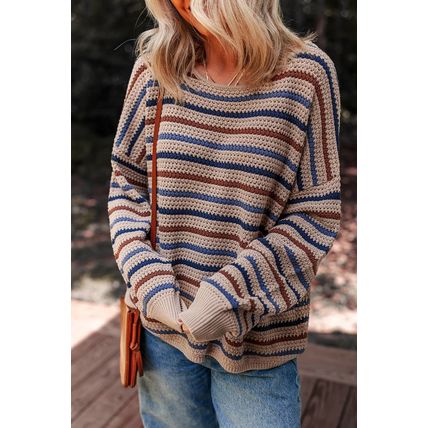 Multicolour Striped Knitted Drop Shoulder Round Neck Sweater