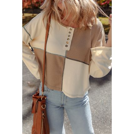 Beige Color Block Waffle Knit Stitch Detail Long Sleeve Top