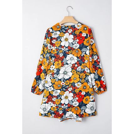 Orange Floral Print Striped Lace V Neck Long Sleeve Mini Dress