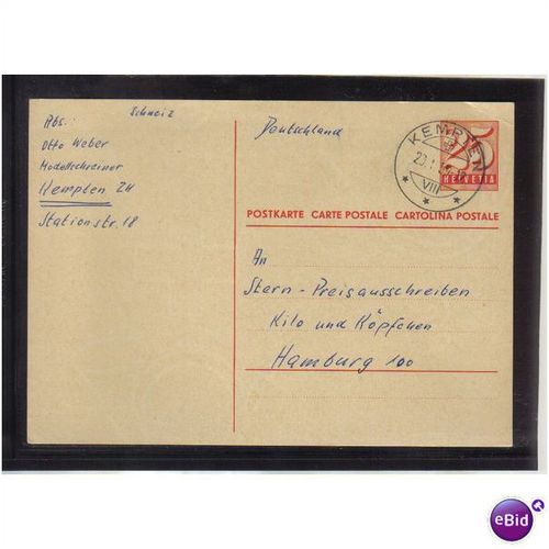 1959 SWITZERLAND PREPAID POSTCARD 25C KEMPTEN PMK