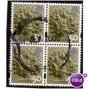 ENGLAND BLOCK OF 4 X 50P 'OAK TREE' (EN13) FINE USED (EBID1197)