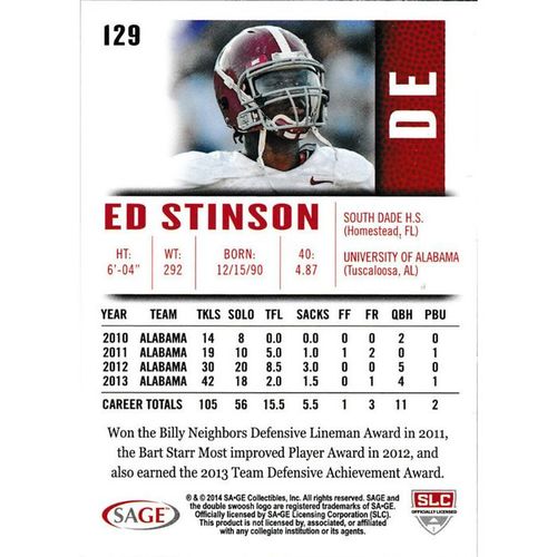 2014 SAGE HIT 129 Ed Stinson Alabama Crimson Tide