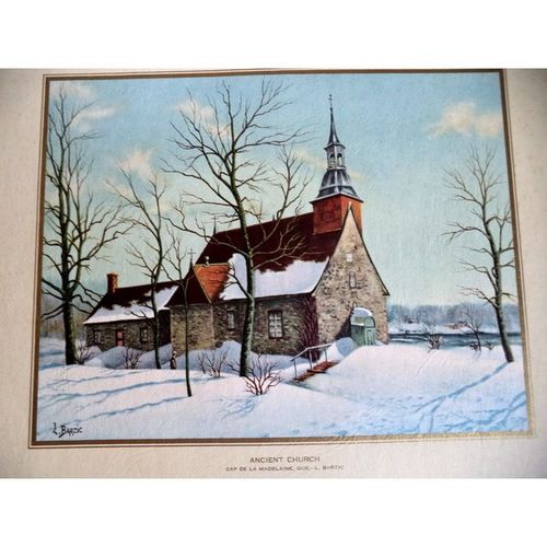 L BARZIC antique Lithograph Church Cape de la Madelaine Historic painting Quebec