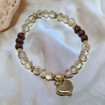 Beaded Heart Charm Bracelet Brown Gold