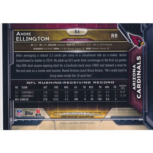 2015 Topps Football 86 Andre Ellington Arizona Cardinals