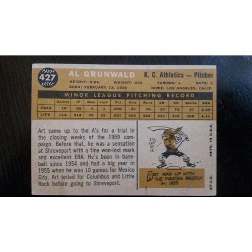 1960 Topps Card # 427 Al Grunwald Good (2) Kansas City Athletics