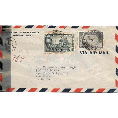 Liberia Africa REGISTERED Air Mail Combo 1945 Monrovia to New York USA CENSORED