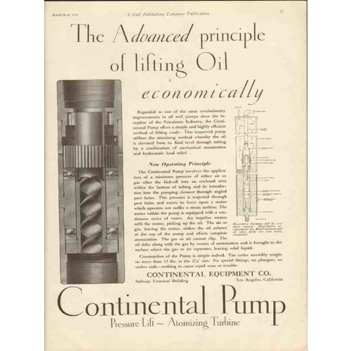 CONTINENTAL EQUIPMENT CO 1930 advanced principle lift oil vintage ad