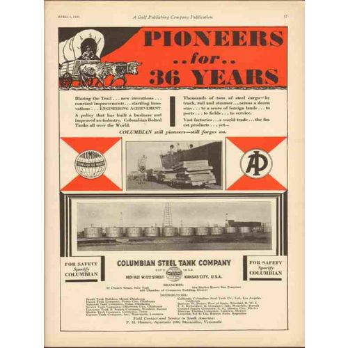COLUMBIAN STEEL TANK COMPANY 1930 Pioneers engineering vintage ad