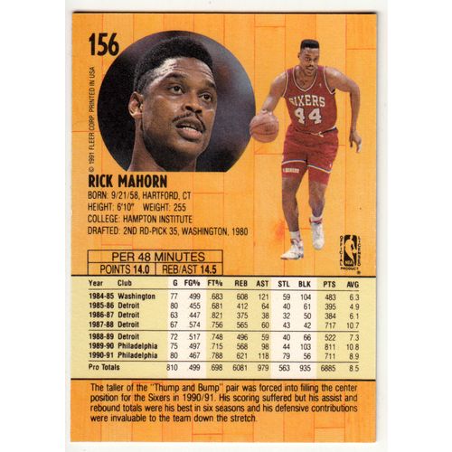 1991 Fleer Basketball card 156 Rick Mahorn – 76er