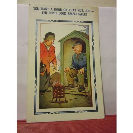SAUCY SEASIDE POSTCARD unused BAMFORTH & CO. no 67 brown triangle workman in hut