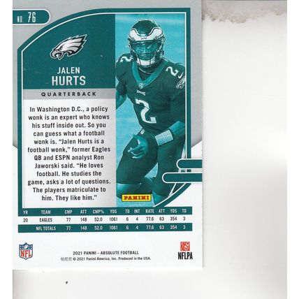 JALEN HURTS ABSOLUTE 2021 AUTOGRAPHED PHILADELPHIA EAGLES ALL-PRO QUARTERBACK