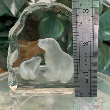 Polar Bear Art Glass Paperweight Clear Crystal Sculpture Mother & Baby Vintage