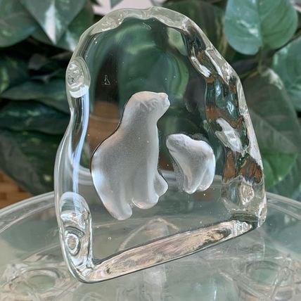 Polar Bear Art Glass Paperweight Clear Crystal Sculpture Mother & Baby Vintage