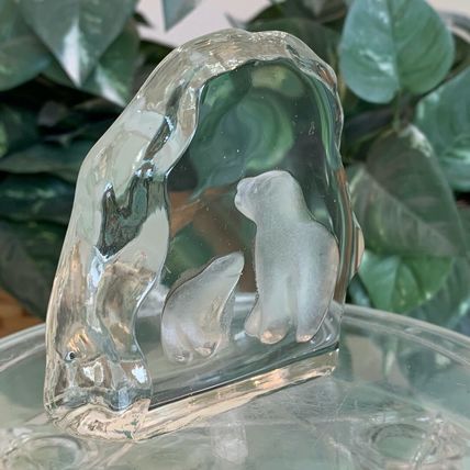 Polar Bear Art Glass Paperweight Clear Crystal Sculpture Mother & Baby Vintage