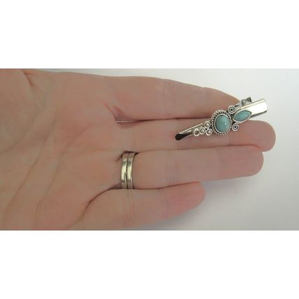Turquoise blue stone and silver metal alligator hair clip for fine thin hair