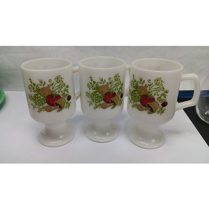 Vintage Mushroom&Herbs Print Milk Glass Pedestal Coffee Mug Set of 3 - 3 Inches