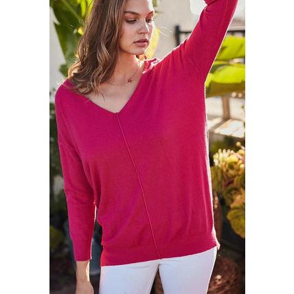 V Neck 3/4 Sleeve Side Slit Hi-lo Sweater