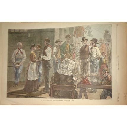 NEW YORK - LONGSHOREMEN WAITING FOR A JOB - Hand-colored Harper's Weekly, 1881