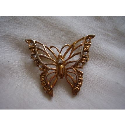 Vintage Brooch Butterfly Filigree Open Wing with White Crystal Highlights