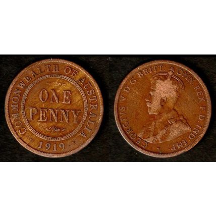 Australia One Penny 1919 Used Coin 1d Geo V