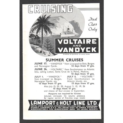 LAMPORT & HOLT CRUISES Ship LIVERPOOL :- pre-war Original Vintage 1939 Advert