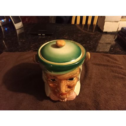 Old Vintage Cookie Jar Colonial Head Jar W/Basket Handle 7" Tall 1950s