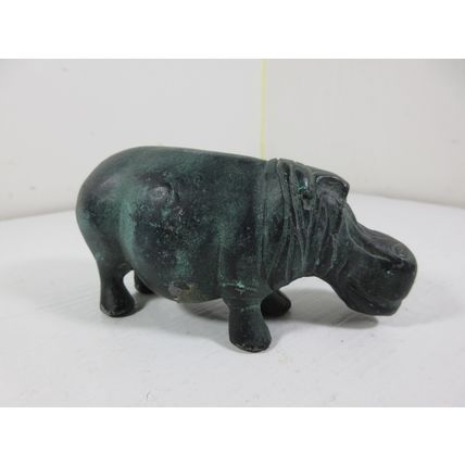 Primitive Style MCM Hippo Figure Metal Green Patina Prehistoric 2.5" x 5"
