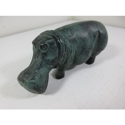 Primitive Style MCM Hippo Figure Metal Green Patina Prehistoric 2.5" x 5"
