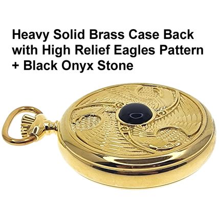 14K Gold Plated Men Big Heavy Brass Pocket Watch Black Dial Black Onyx