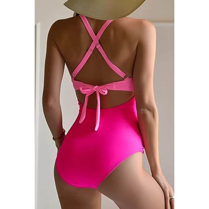 Pink 2-tone Crossed Cutout Backless Monokini