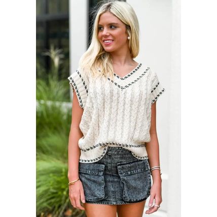 White Contrast Trim V Neck Cable Knit Sweater Vest