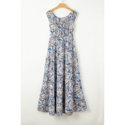 Blue Boho Paisley Print Off Shoulder Maxi Dress