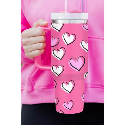 Rose Red Valentines Heart Printed Thermos Cup with Handle