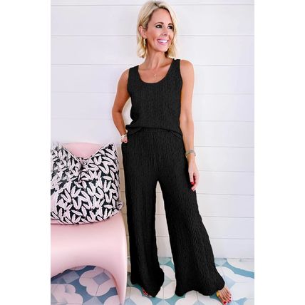 Black Crinkled U Neck Tank Top and Wide Leg Pants Set
