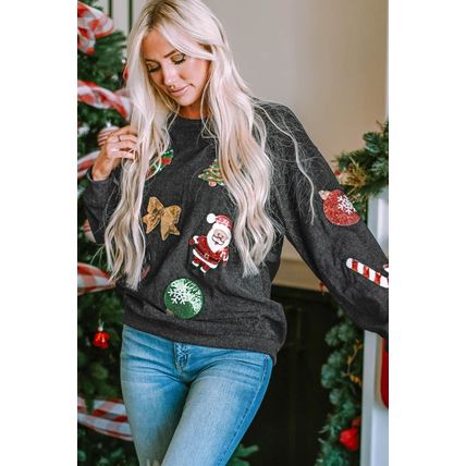 Black Sequined Christmas Graphic Corded Sweatshirt