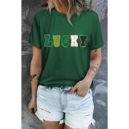 Green LUCKY Glitter Chenille Patched Crew Neck T Shirt