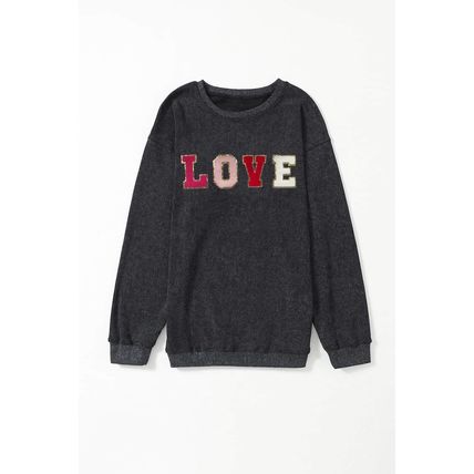Black Sequin LOVE Chenille Embroidered Graphic Corded Sweatshirt