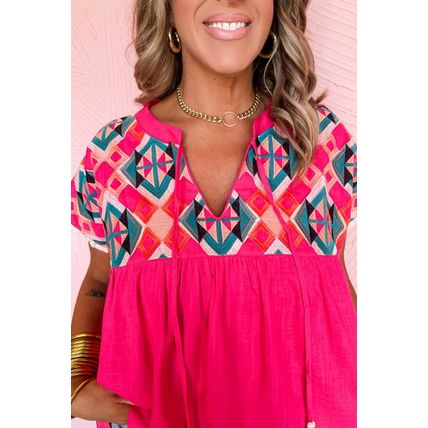 Strawberry Pink Geometric Embroidered Tassel Tie V Neck Blouse