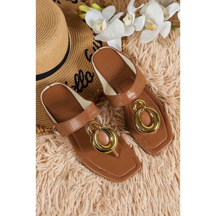 Brown Metal Rings Decor Square Toe Flat Slippers