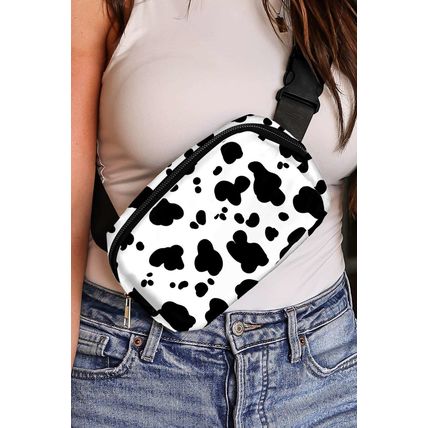 White Cow Pattern Print Buckle Wide Belt Inclined Shoulder Bag