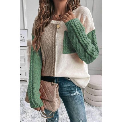 Vineyard Green Colorblock Patched Pocket Drop Shoulder Sweater