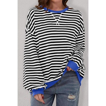 Black Stripe Oversized Contrast Trim Pullover Sweatshirt