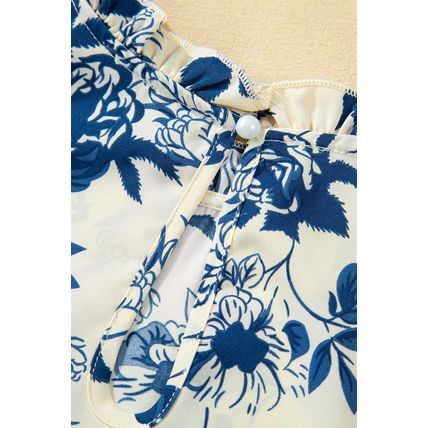 Sky Blue Floral Print Flounce Sleeve Keyhole Back Blouse