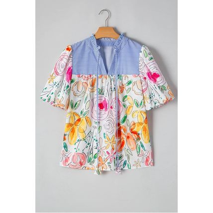 Multicolour Floral Print Striped Yoke Frilled V Neck Puff Short Sleeve Blouse