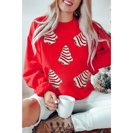 Red Playful Christmas Tree Patched Dropped Shoulder Sweatshirt